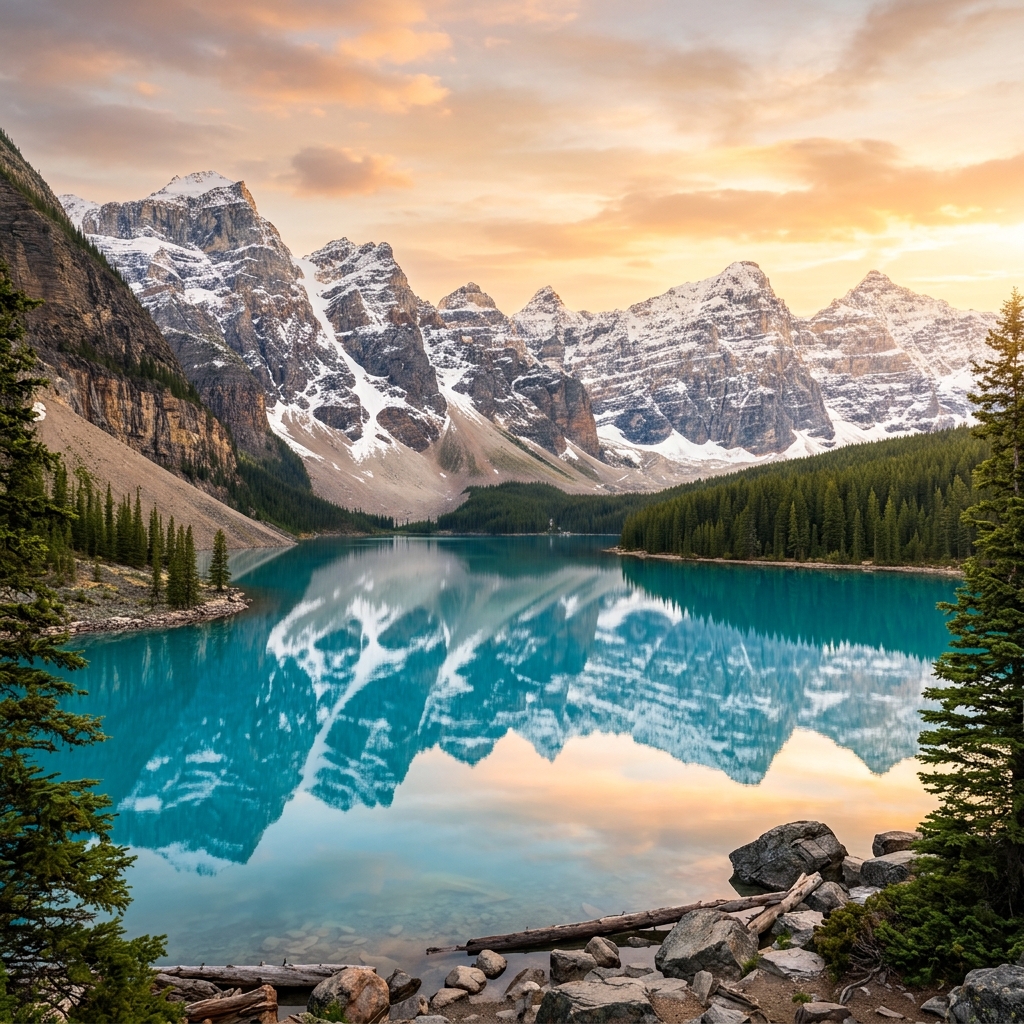 Canada Rocky Peaks Turquoise Lake and Pine Trees